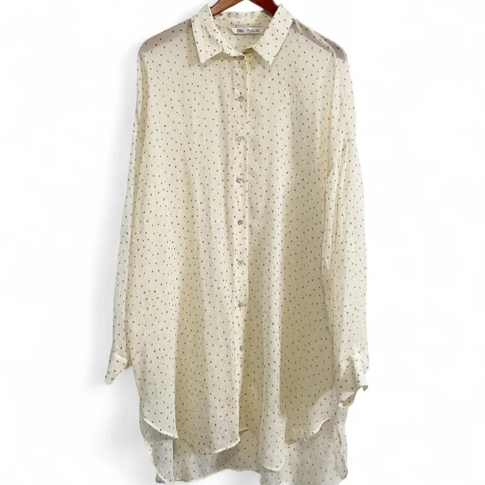 Zara Sheer Polka Dot Long Tunic Button-Down Top - Picture 2 of 8
